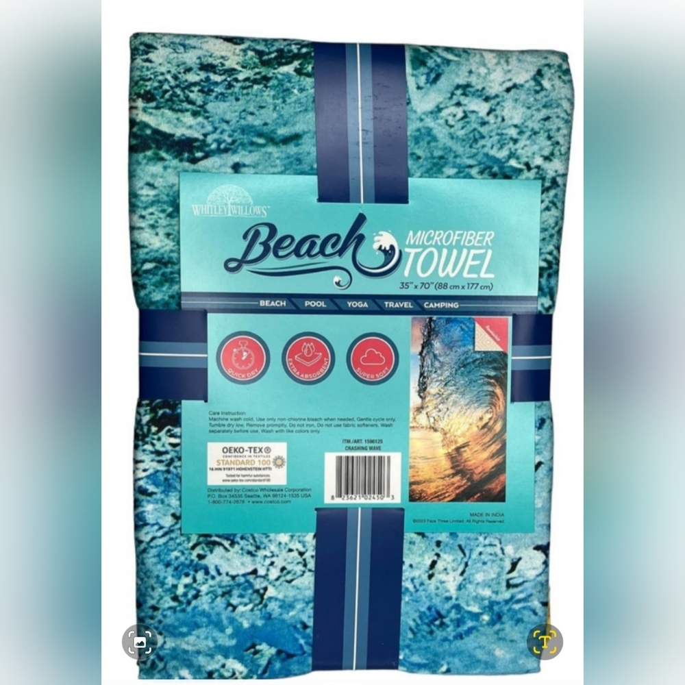 Whitley Willows Beach TOWEL Microfiber 35' x70' Crashing Wave - Picture 3 of 3
